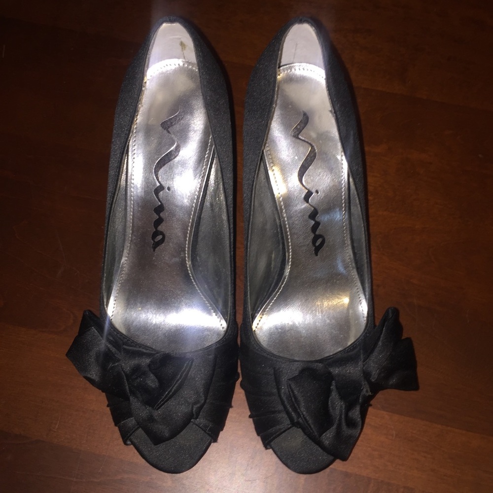 Nina Black Peep-Toe Heels with Bow Accent